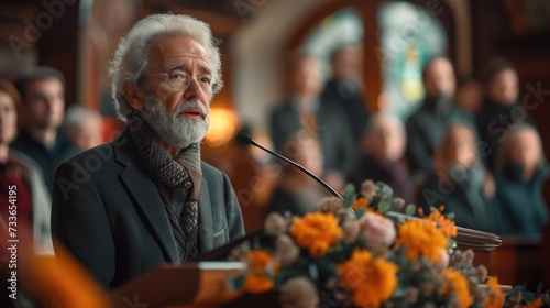 Man Delivering Eulogy at Sunlit Church Service