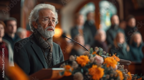 Man Delivering Eulogy at Sunlit Church Service