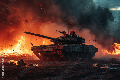 Military tank advancing through explosive battlefield. Warfare and combat. photo