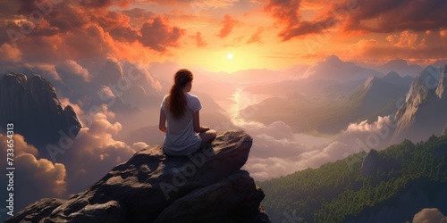 woman sitting on the top of a mountain and looking at the sunset