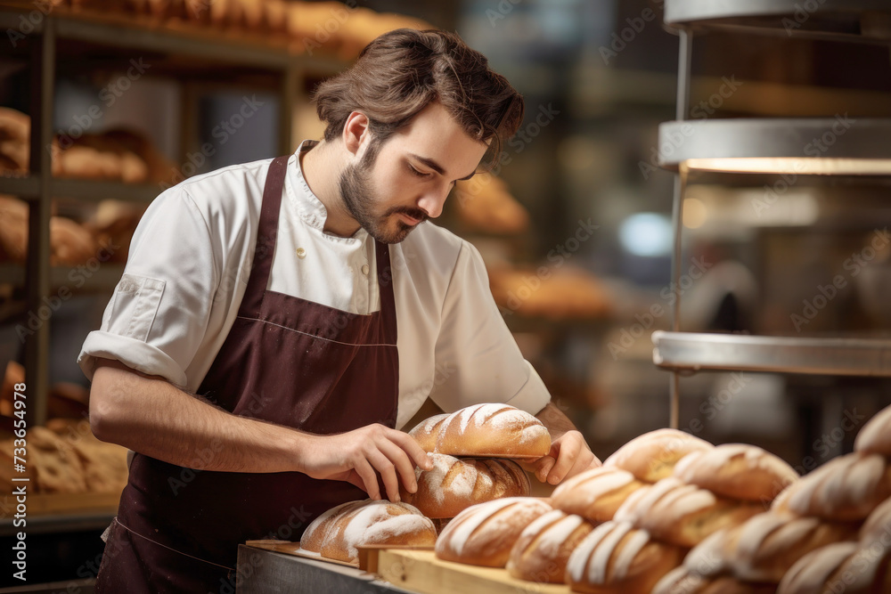 Male Baker at Work in Home Bakery, Surrounded by Fresh Bread
