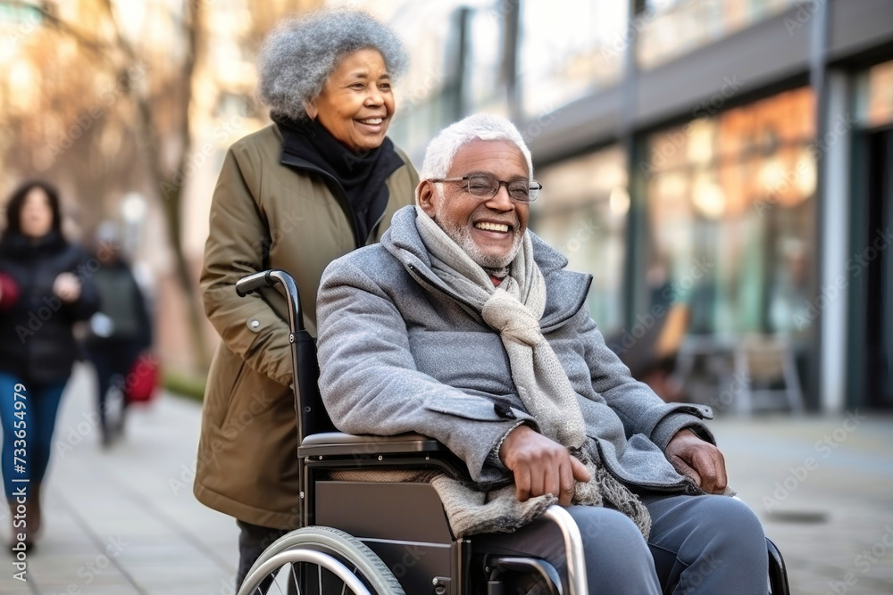 Man in Wheelchair and Woman Walking Down Street