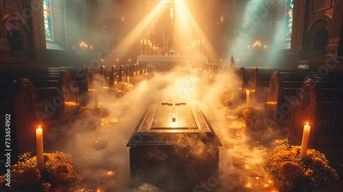 Ethereal Funeral Scene with Fog and Candles in Church