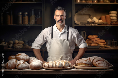 Male Baker Standing in Front of Bread-Filled Counter