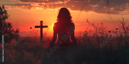 Silhouette of a woman sitting on the grass praying in front of a cross at sunset