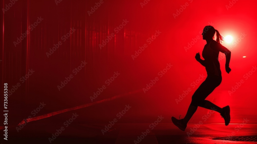 Young fit girl silhuette running in red light