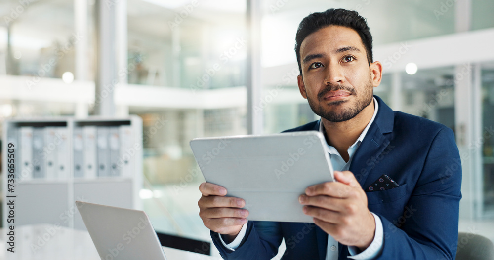 Business man, thinking of ideas and tablet for investment, email or stock market solution in office. Young trader or corporate employee with vision, online goals or target with digital technology