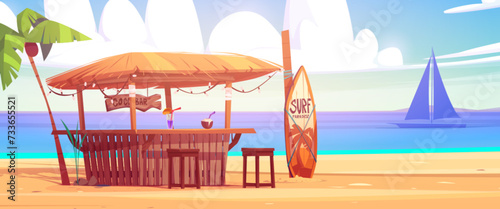 Summer beach bar against sea background. Vector cartoon illustration of tropical pub decorated with garland under palm tree, alcohol cocktail and exotic coconut juice on counter, surfing board on sand photo
