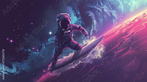 Astronaut surfing in the space among stars and planets