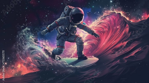 Astronaut surfing in the space among stars and planets © Elvin