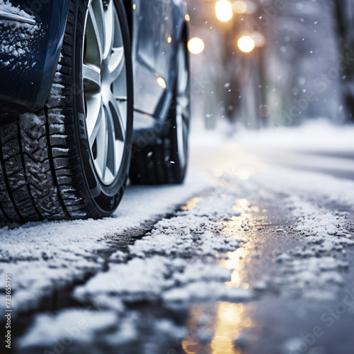 Close-up photo of a car tire on the road in winter time