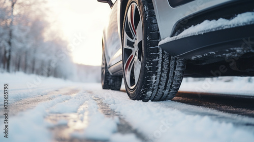 Close-up photo of a car tire on the road in winter time © Ovidiu