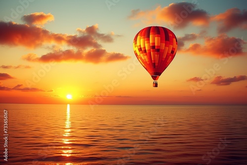 Sunset silhouette. hot air balloon over sea, highlighted by striking contrasting line