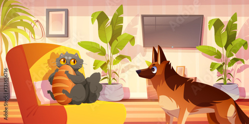 Living room interior with cat and dog. Cartoon home hall inside with puppy stand and look at fluffy grey kitten sitting in armchair and holding bread in paws and mouse. Friendship of domestic animals.
