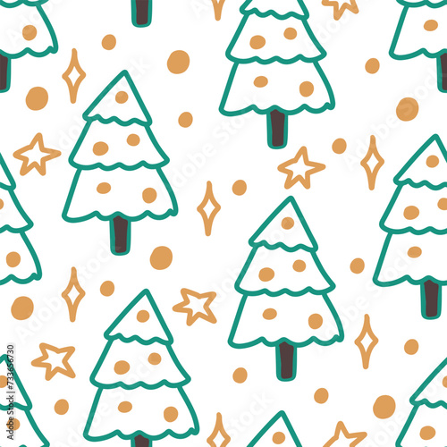 Seamless Christmas tree pattern on white with stars