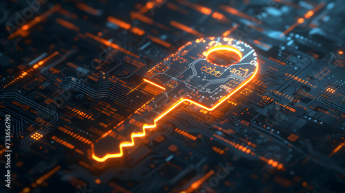 orange holographic key icon on flat glowing futuristic circuit board background