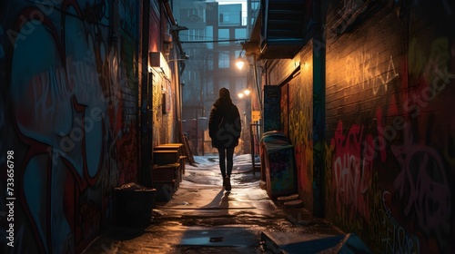AI-generated illustration of a silhouette of a woman walking along a dimly lit alleyway. © Wirestock