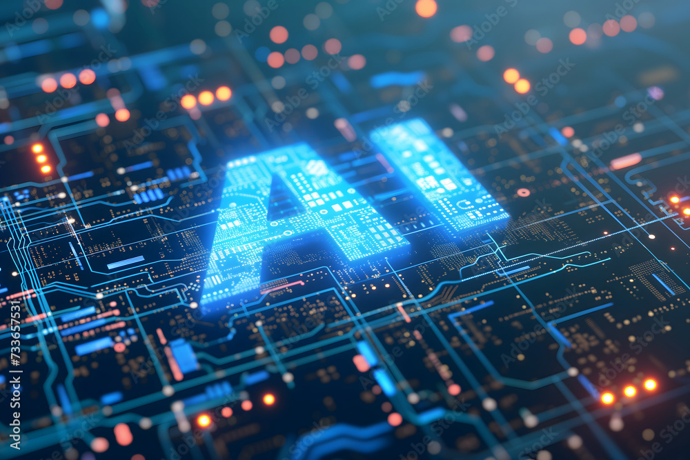 word AI - artificial intelligence circuit board with blue and orange glow word AI - artificial intelligence circuit board with blue and orange glow
