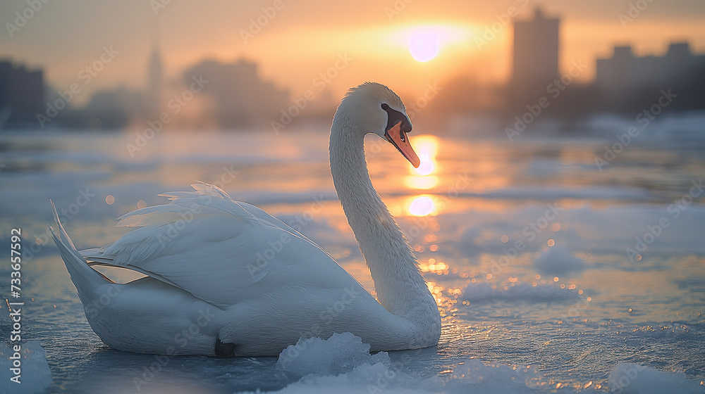 Obraz premium Swan on Hudson river ice in winter time, New York city.