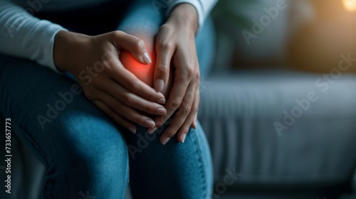 person experiencing knee pain, close-up of hands holding sore joint, health and medicine concept illustration with red highlighting indicating area of discomfort