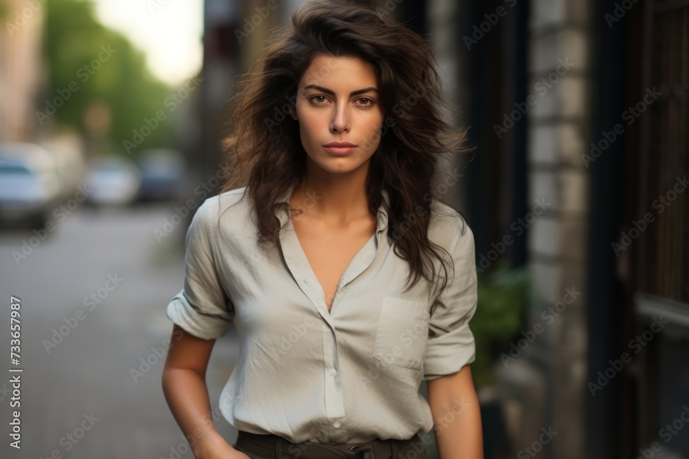 Portrait of a beautiful young brunette woman in the city.
