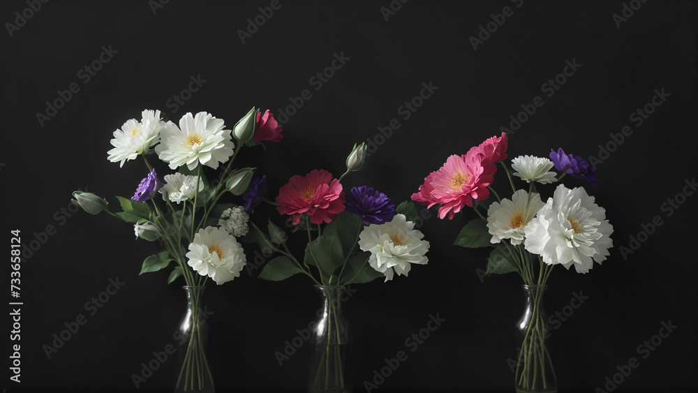 three bouquets on a black background