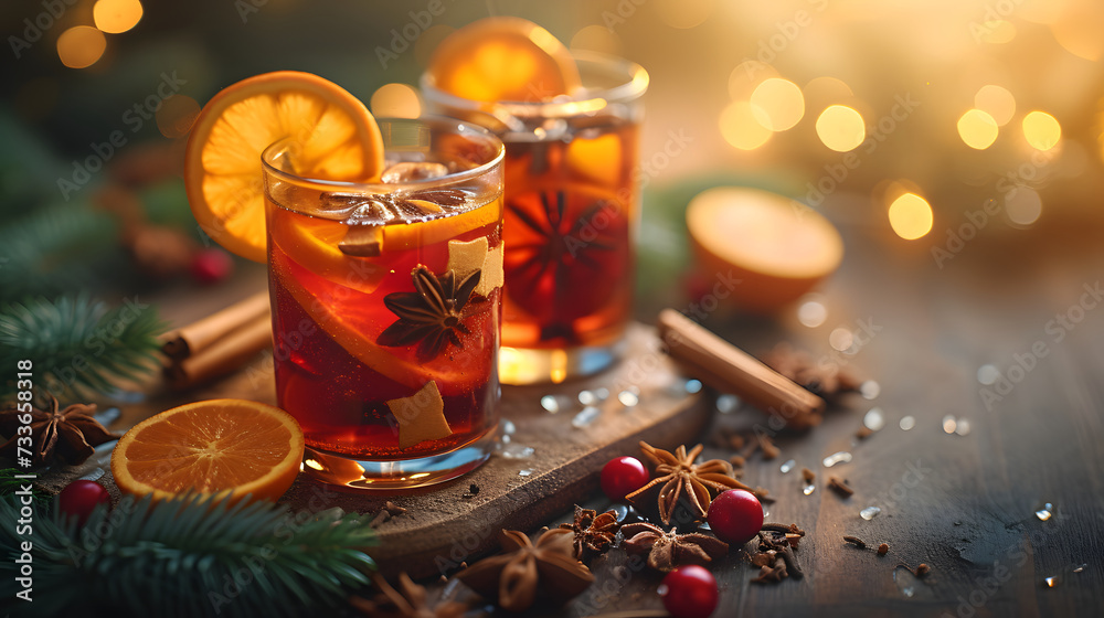 A glass of mulled wine with orange slices and spices, on a wooden table with a blurred background. A glass of mulled wine with orange slices and spices, on a wooden table with a blurred background.