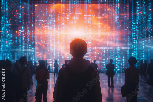 Distributed crowd of people standing in front of giant glowing screen with flash of light in the center