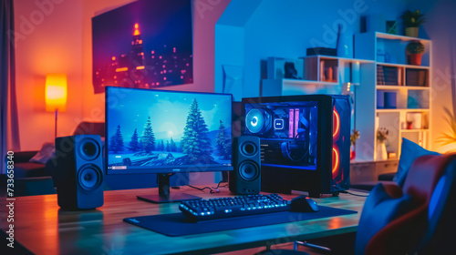 Vibrant Gamer's Haven with LED Lights and Dual Monitors - Gaming Setup