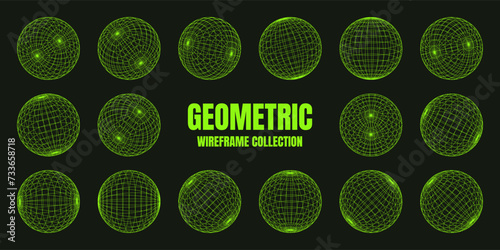 Wireframe shapes, lined sphere. Perspective mesh, 3d grid. Low poly geometric elements. Retro futuristic design elements, y2k, vaporwave and synthwave style. Vector illustration