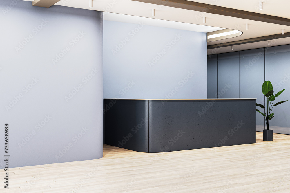 Contemporary office lobby interior with black reception desk and mock up place on concrete wall. 3D Rendering. Contemporary office lobby interior with black reception desk and mock up place on concrete wall. 3D Rendering.