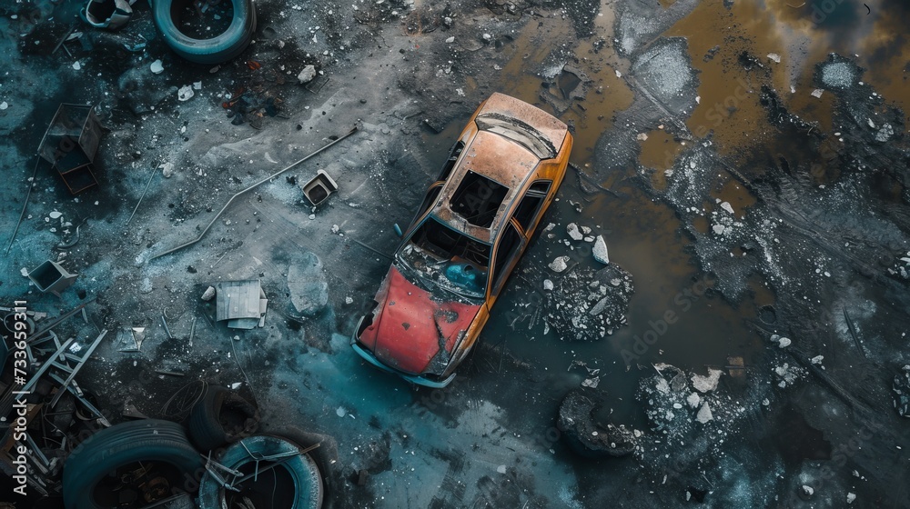 Overhead view of a solitary rusted car in a barren landscape surrounded by scattered debris.
