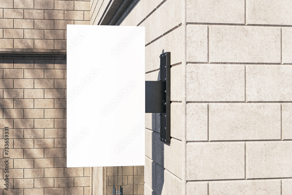 Empty white rectangular mock up stopper on beige outdoor tile wall background with shadows. Advertisement and pub concept. 3D Rendering. Empty white rectangular mock up stopper on beige outdoor tile wall background with shadows. Advertisement and pub concept. 3D Rendering.