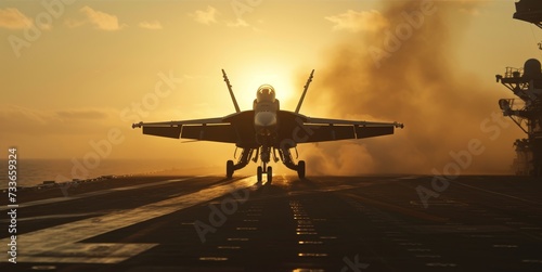 Fighter jet prepares for takeoff on aircraft carrier deck against sunset backdrop.