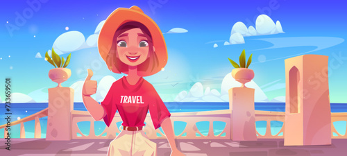Young woman wear hat stand on terrace on sea or ocean shore and show thumbs up gesture. Cartoon summer vacation illustration with joyful smiling female tourist on balcony or patio with railing.