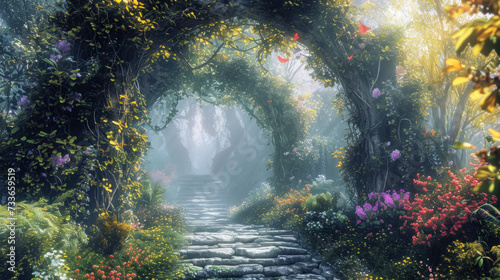 Enchanted garden pathway with blooming flowers and lush greenery. Fantasy and nature background. photo