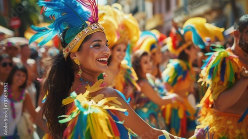 Exuberant female dancer with an infectious smile radiates joy at a colorful street carnival  adorned in a festive costume.