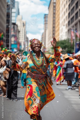 Woman in traditional African attire dances joyously during an urban parade, her bright attire adding to the festive atmosphere.