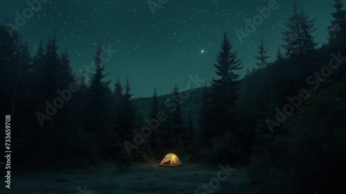 Illuminated tent under a starry sky amidst towering forest trees, capturing the tranquil essence of wilderness camping.