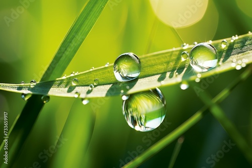 Macro shot of morning dew drops on vibrant green grass with sunlight creating a bokeh effect.