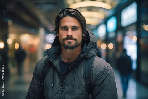 Portrait of a handsome man in the city at night. Men's beauty, fashion