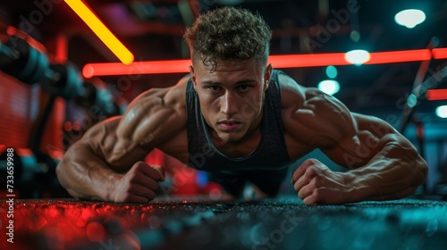 Focused athlete stand in plank in a gym with vibrant lighting, illustrating dedication to physical fitness and muscle building.