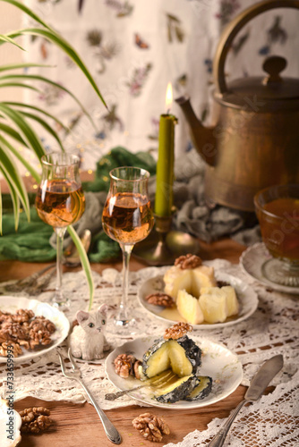 Table with snacks and alcohol, background