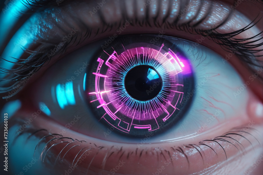 A close-up of a human eye with a futuristic cybernetic implant on iris, glowing with digital overlays and neon lights, evoking a sense of advanced technology and surveillance