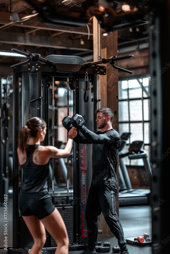 Man and woman in athletic wear engaging in a high-intensity workout at a modern gym, showcasing strength and endurance.