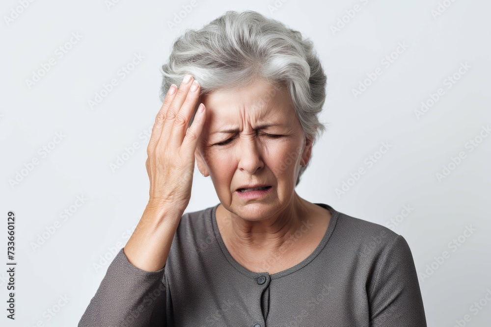A portrait of a senior woman with a pained expression, holding her head as if experiencing a headache.