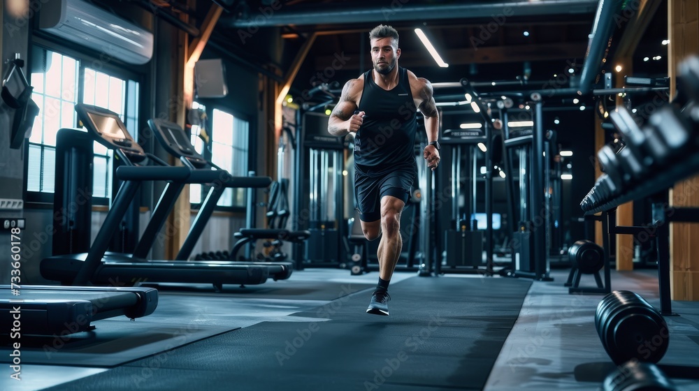 Muscular athlete in motion, sprinting with power and focus during an intense workout in a well-equipped gym.