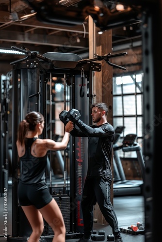 Man and woman in athletic wear engaging in a high-intensity workout at a modern gym, showcasing strength and endurance. © Artsaba Family