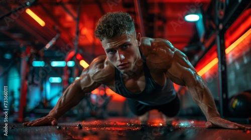 Focused athlete performing push-ups in a gym with vibrant lighting, illustrating dedication to physical fitness and muscle building.
