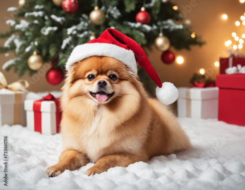 Pomeranian Dog With A Santa Hat In Front Of A Christmas Tree © Lea